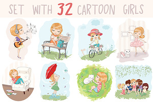 Set With 32 Cartoon Girls-cute Girls