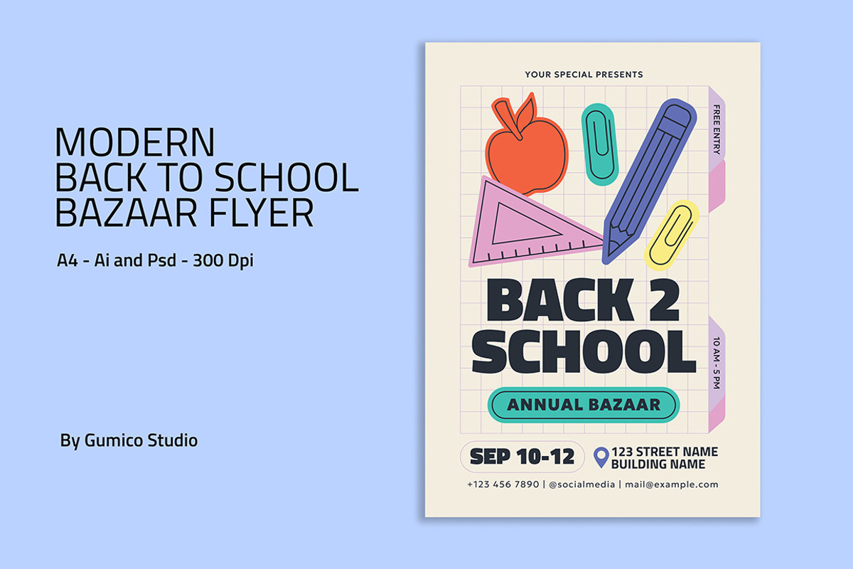 Modern Back To School Bazaar Flyer, a Flyer Template by Gumico Studio. (Photo 1 of 3)