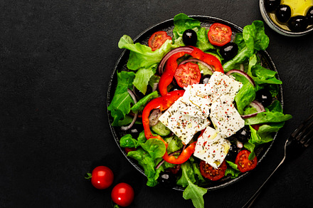 Greek salad with feta cheese, olives, cherry tomato, paprika, cu, a Food & Drink Photo by 5PH