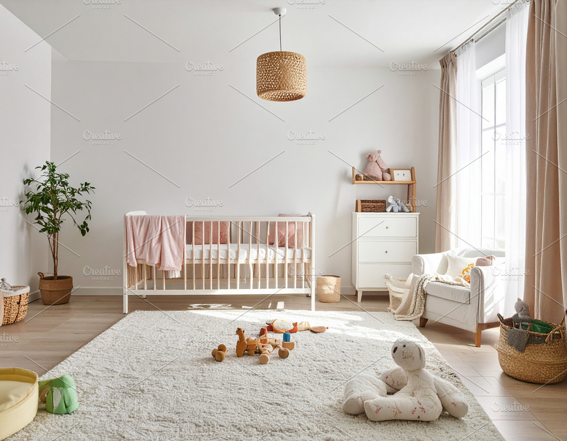 Baby room with natural lighting and soft pastel decor, an Architecture Photo by DanFLCreativo