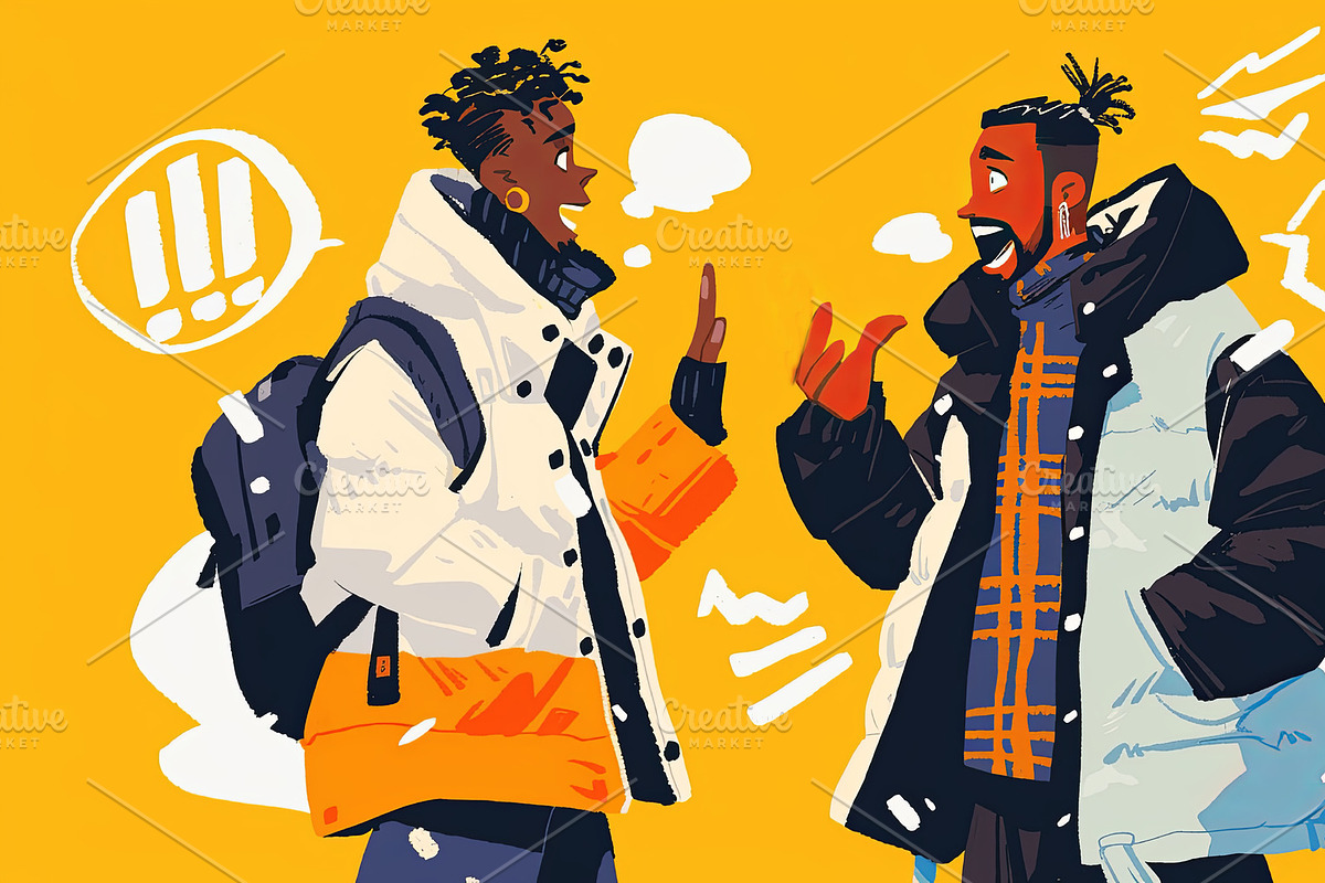 Two friends talking and smiling while wearing winter jackets on a yellow backgr, an Illustration by AS photostudio