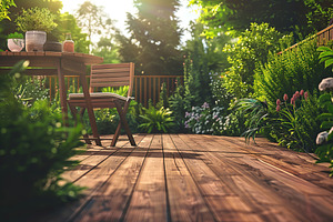 Wooden terrace on green forest background, a Photo by AlyaAnd