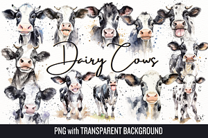 Dairy Cows Watercolor Clip Art