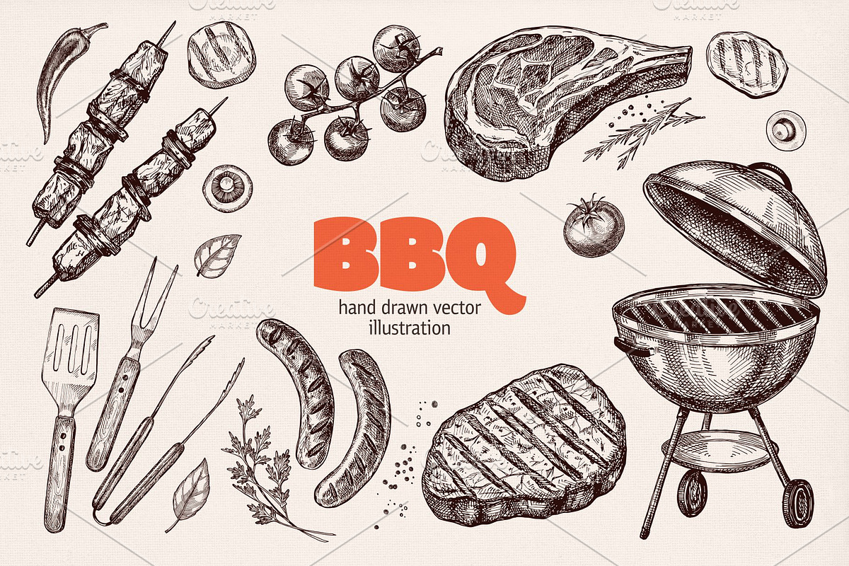 BBQ Grill Sketch Set., a Food Illustration by natadanko (Photo 1 of 3)