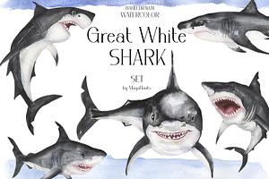 Watercolor Great White Sharks Set