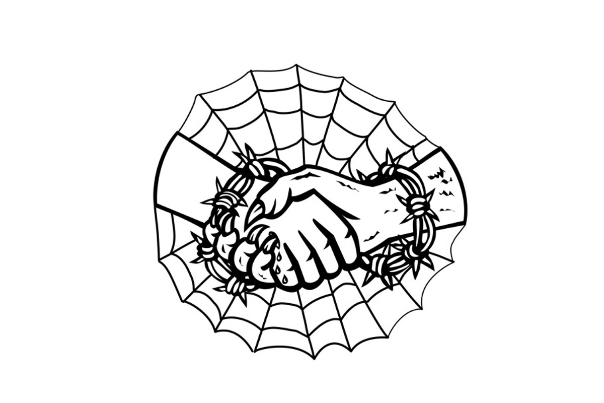 Man Devil Handshake Barbwire Retro, an Illustration by patrimonio