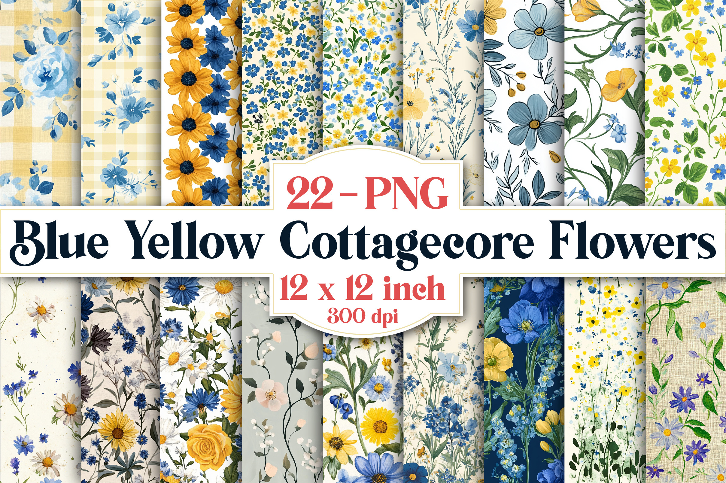 Blue Yellow Cottagecore Flowers Patt, a Pattern Graphic by Libby Wishes