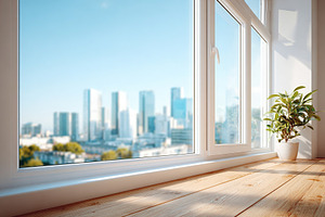 Modern window insert showcasing a city view with natural light and indoor plant, a Photo by AlyaAnd