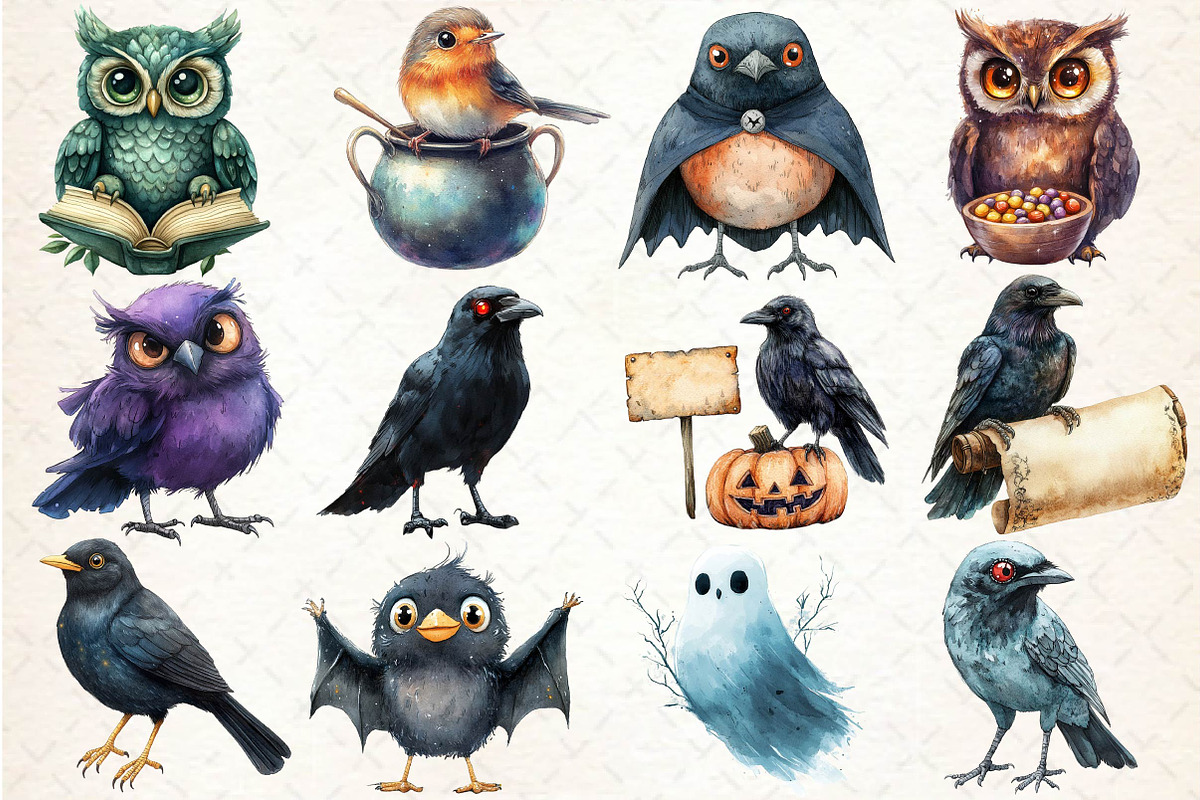 Watercolor Halloween Birds Clipart, an Illustration by Dream Creation (Photo 2 of 5)