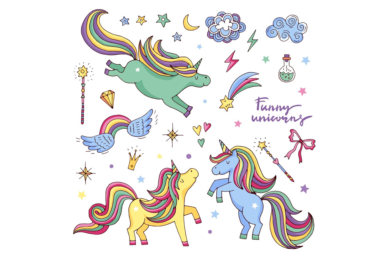 Vector funny set with rainbow, unicorn and other magic attributes ...
