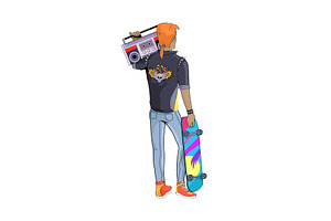 80s Stylish Man And Skateboard