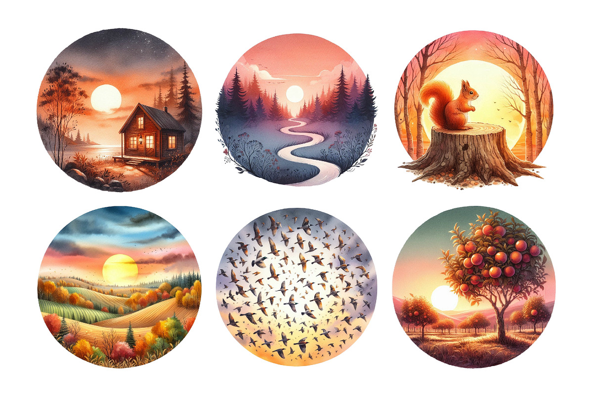 Watercolor Fall Scenery Autumn Sunse, an Illustration by Daily.Designs (Photo 2 of 5)
