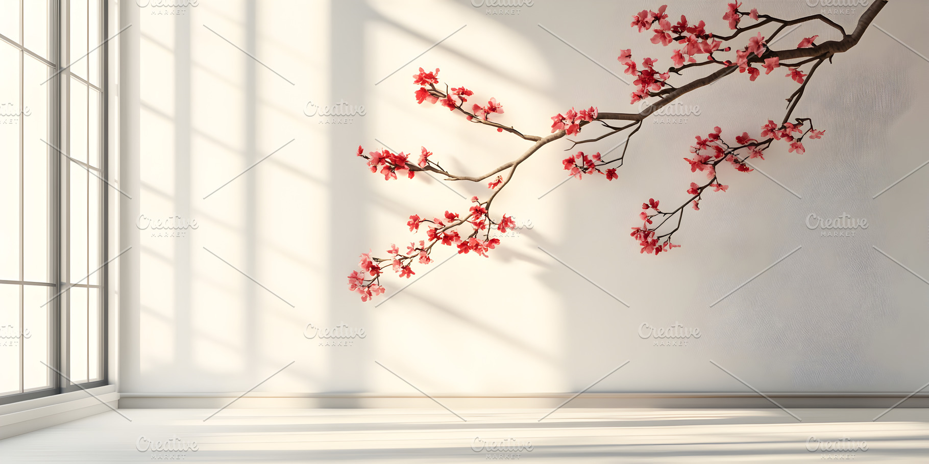 Cherry blossom branch casting shadow in minimalist room, an Architecture Photo by Photostock