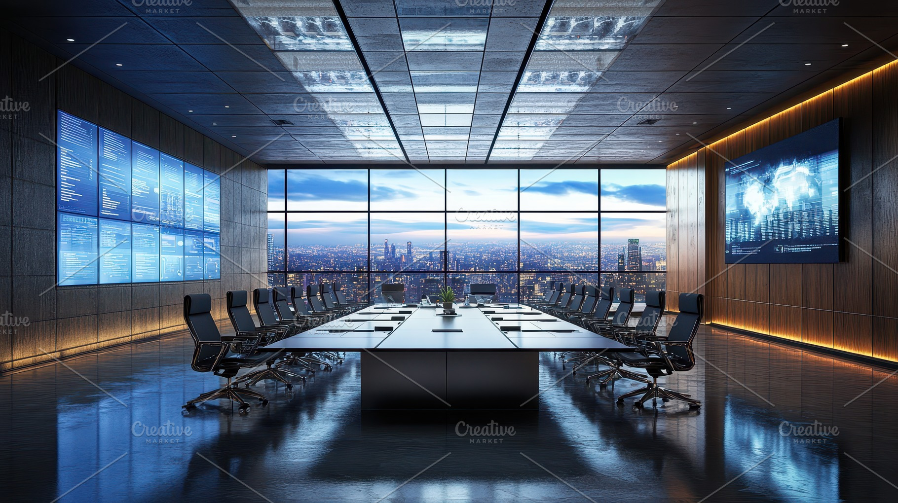 High-Tech Conference Room with City, a Background Photo by Pixeness