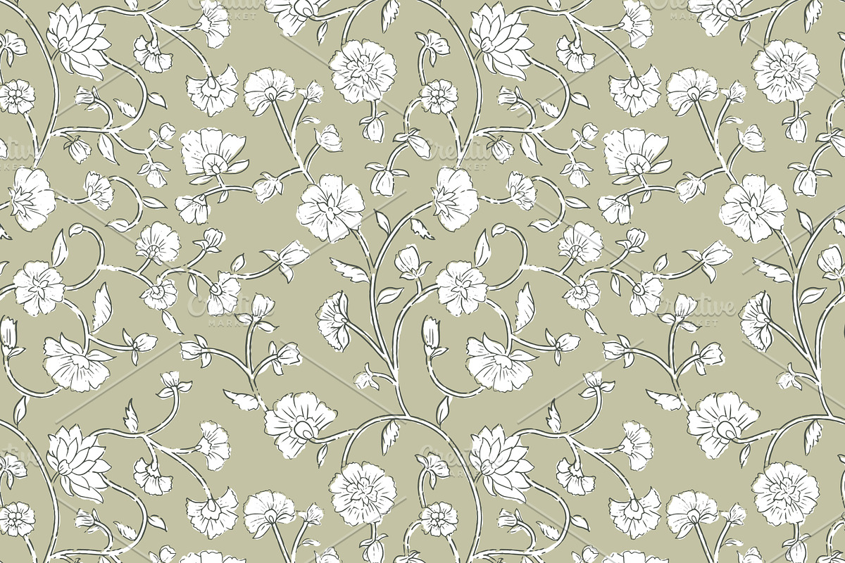 Block Print Floral Pattern. - Sage, a Pattern Graphic by Mieken Petra ...