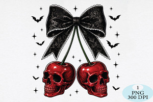 Gothic Skull Cherries Black Bow PNG, a Seasonal Illustration by Daily.Designs