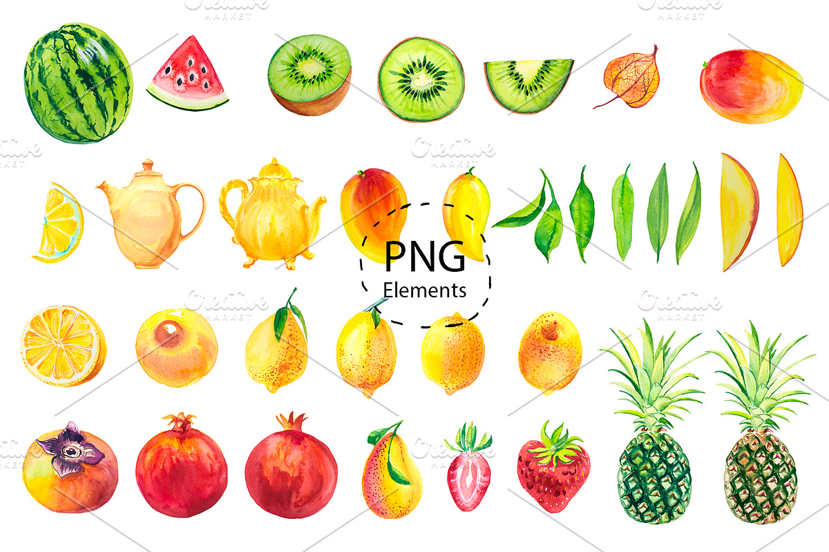 Watercolor tropical fruits., a Texture Illustration by lilisavelieva (Photo 2 of 5)