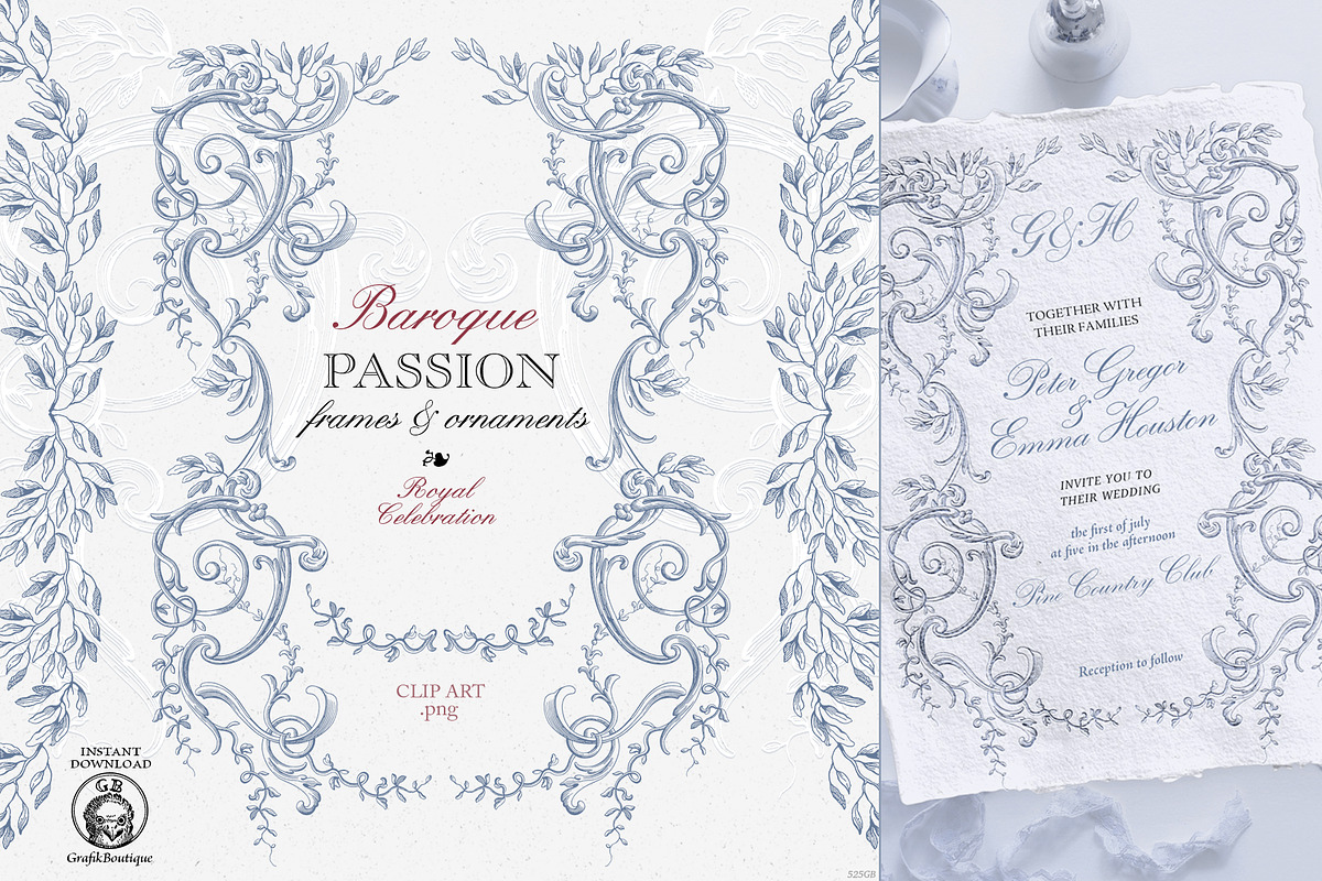 Baroque frames wedding clip art blue, a Decorative Illustration by GrafikBoutique (Photo 1 of 11)