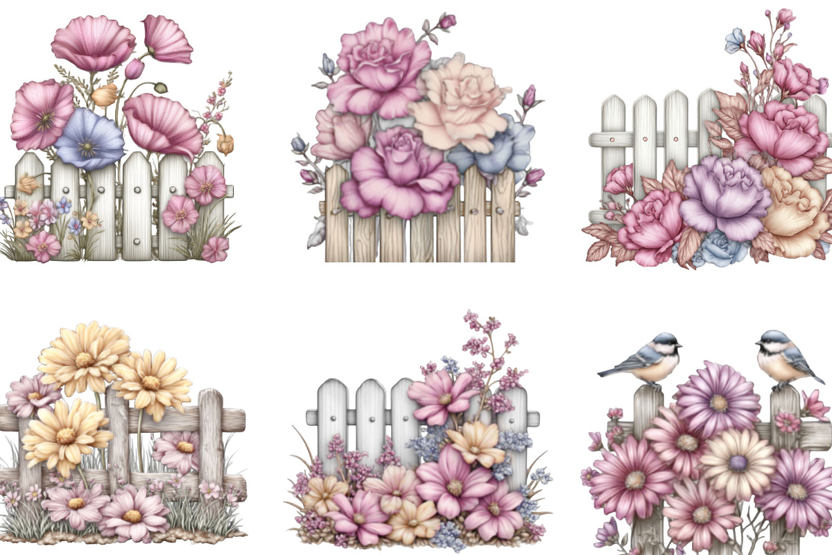 Watercolor Fence Flowers Clipart, an Illustration by Designking (Photo 2 of 5)