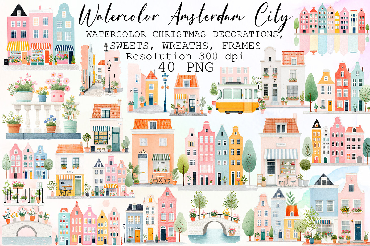 Watercolor Amsterdam City Clipart Se, an Illustration by Sublimation Artist (Photo 1 of 6)