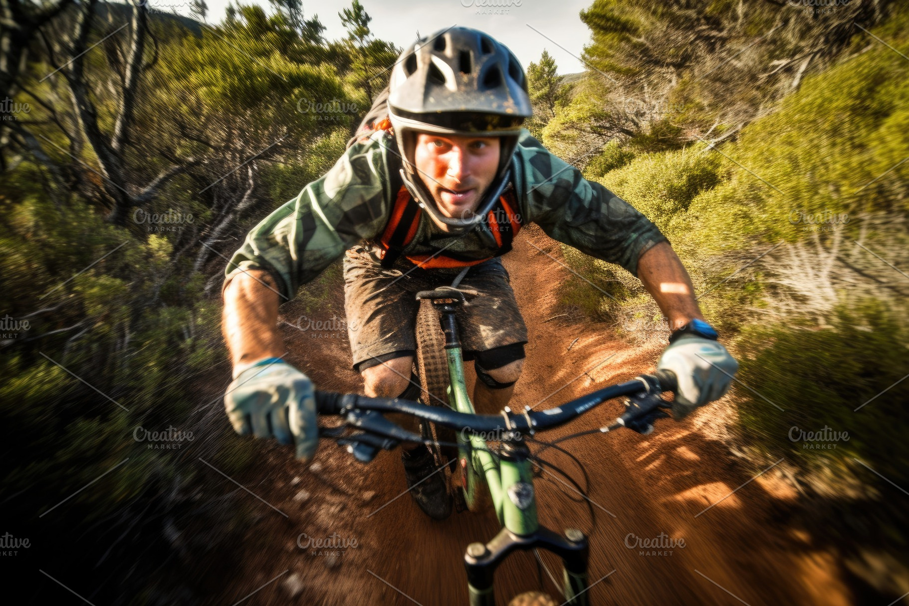 An action shot of a mountain biker speeding downhill on a rugged, a Sports & Recreation Photo by designvectx