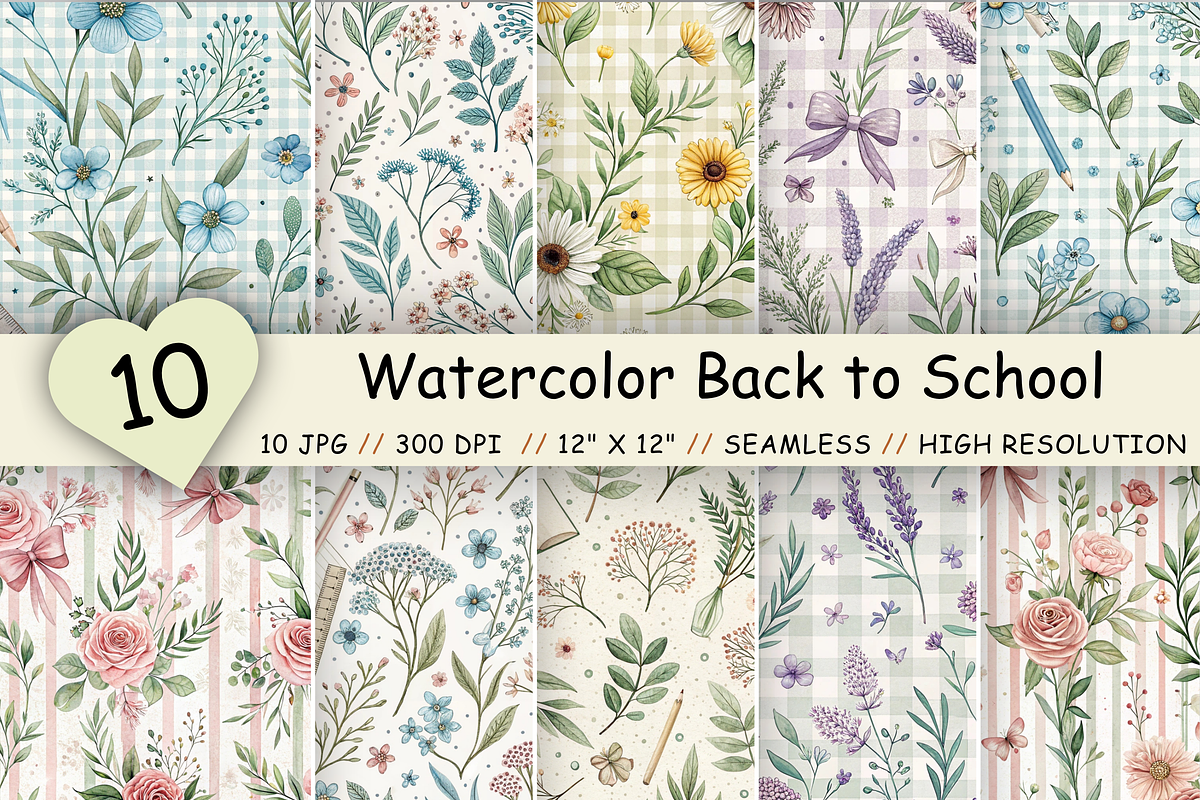Watercolor Back to School Patterns, a Pattern Graphic by FloridPrintables (Photo 1 of 9)