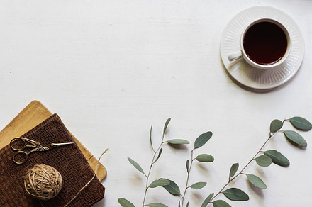 Teacup, Journal & Eucalyptus Flatlay, a Business Photo by René Jordaan Photography