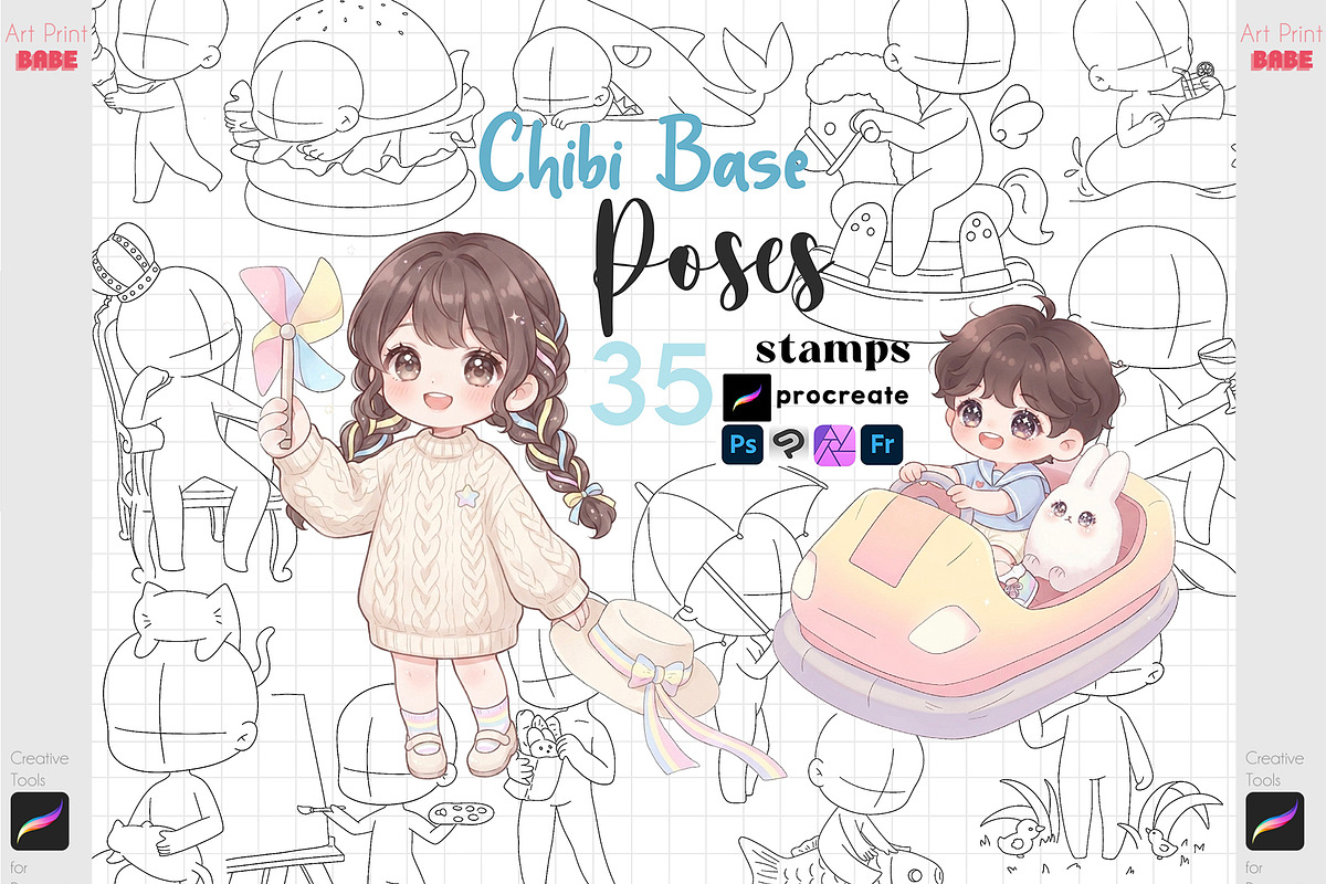 Procreate Chibi Stamp Cartoon Kawaii, a Brush Add-On by ArtPrintBabe (Photo 1 of 7)