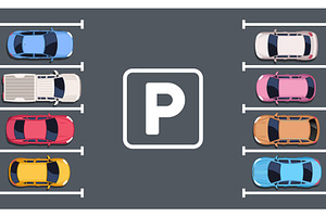 Parking lot with parked cars, a Transportation Illustration by Yayasya