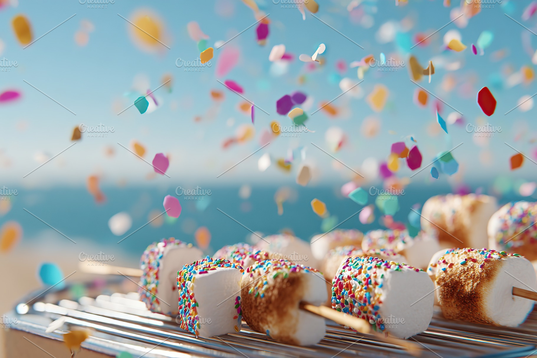 Grill on the beach roasting marshmallows with colorful sprinkles, a Photo by AlyaAnd
