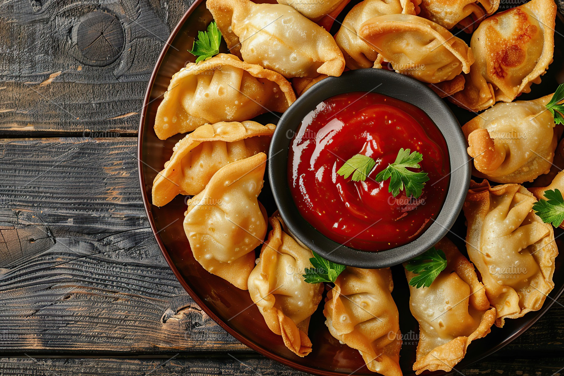 Homemade fried meat dumplings with red sauce on wooden table, a Food & Drink Photo by AlyaAnd