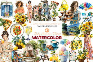 Watercolor Italy Summer Clipart, an Illustration by Designworld