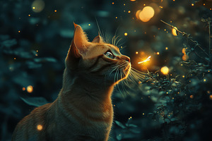 Orange Cat Gazing at Firefly Magic N, a Background Photo by Pixeness Studio