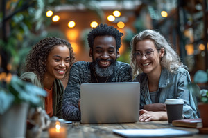 Three friends enjoying a laptop session in a cozy, plant-filled café., a Person Photo by ImageMir