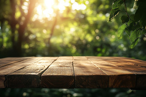 A rustic wooden tabletop bathed in warm sunlight, surrounded by lush greenery,, a Background Photo by ImageMir