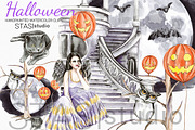 Halloween Witch & Castle Clipart, a Seasonal Illustration by STASIstudio (Thumbnail 1 of 5)