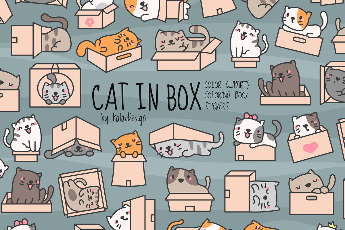 Cute Kawaii Cat Playing With Box, an Animal Illustration by Palau (Photo 1 of 12)