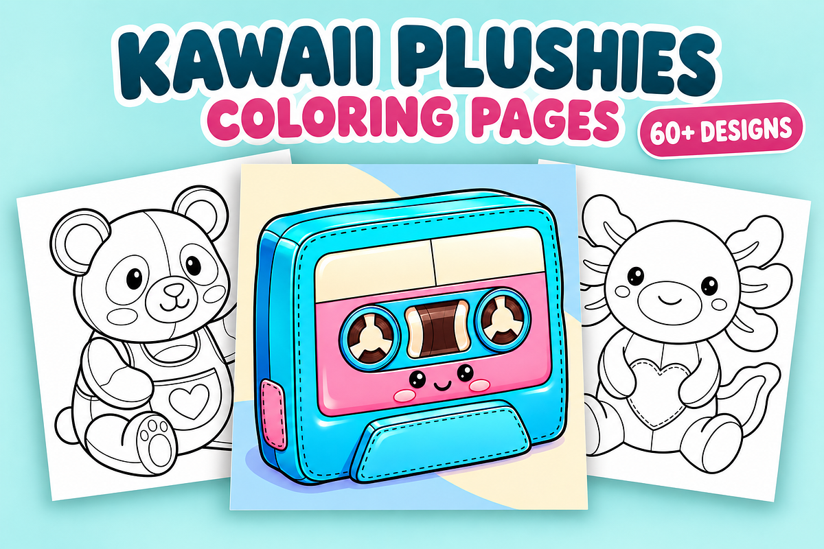 Kawaii Plushies Coloring Pages #2, an Object Illustration by Inkivelle Studio (Photo 1 of 3)