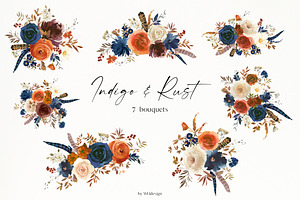 Indigo & Rust Boho Floral Clipart