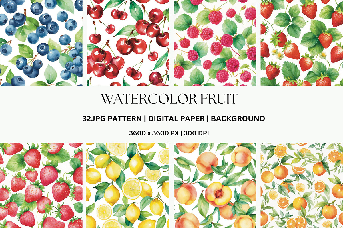 32JPG WATERCOLOR FRUIT PATTERNS, a Pattern Graphic by Vachira Digital Studio (Photo 1 of 6)