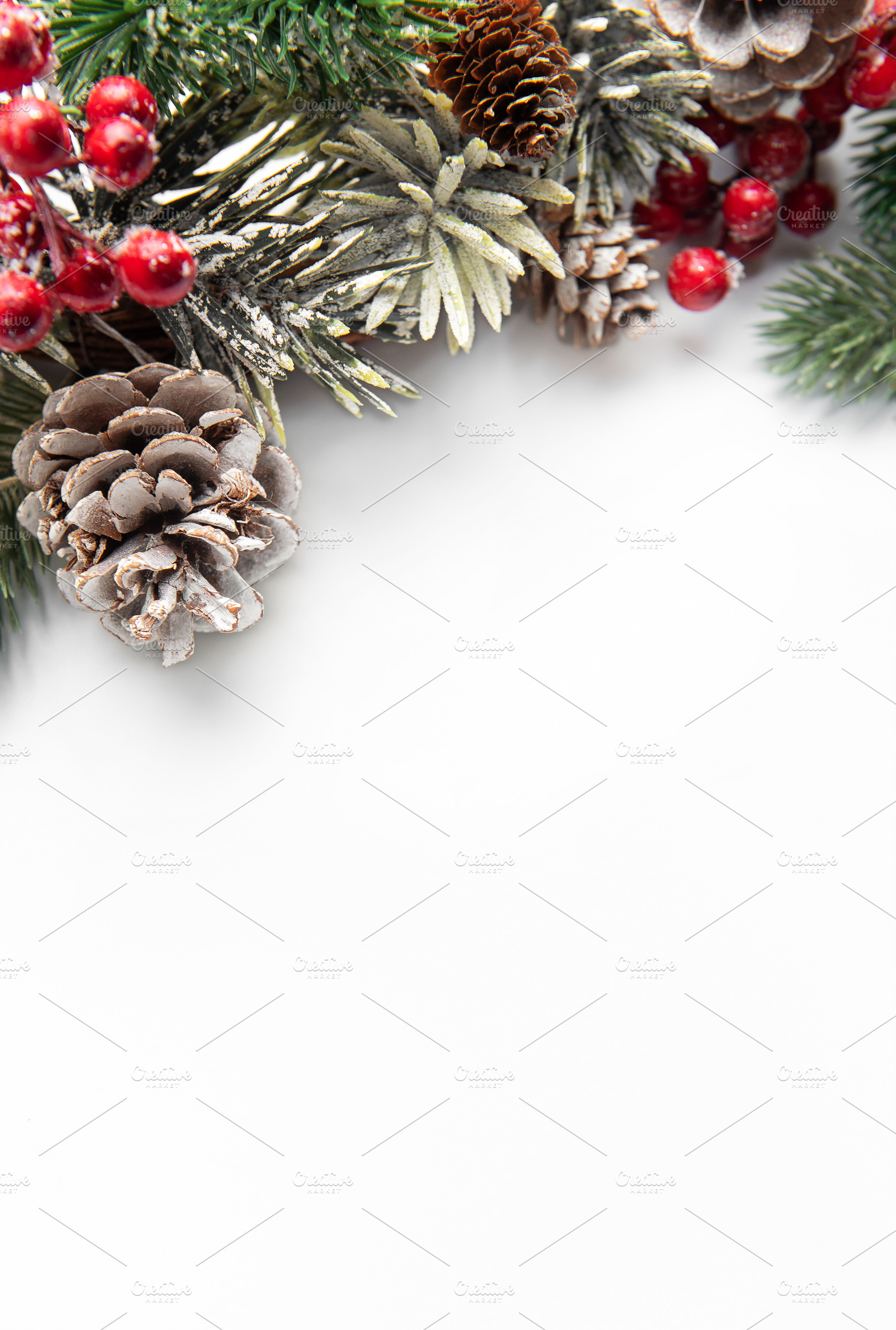 Christmas winter holiday border with frosted pine cones and berr, a Holiday Photo by Olena Rudo