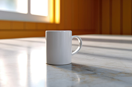 A clean and simple composition of a white coffee mug placed on a, a Food & Drink Photo by designvectx
