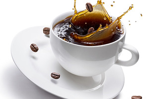 Coffee drink and coffee beans splashing from cup of coffee isola, a Food & Drink Photo by Volff
