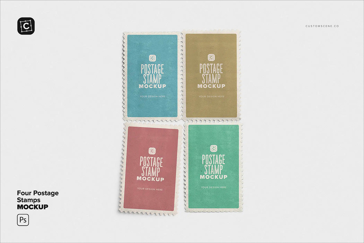 Four Postage Stamps Mockup, an Advertising Mockup by Custom Scene (Photo 2 of 11)