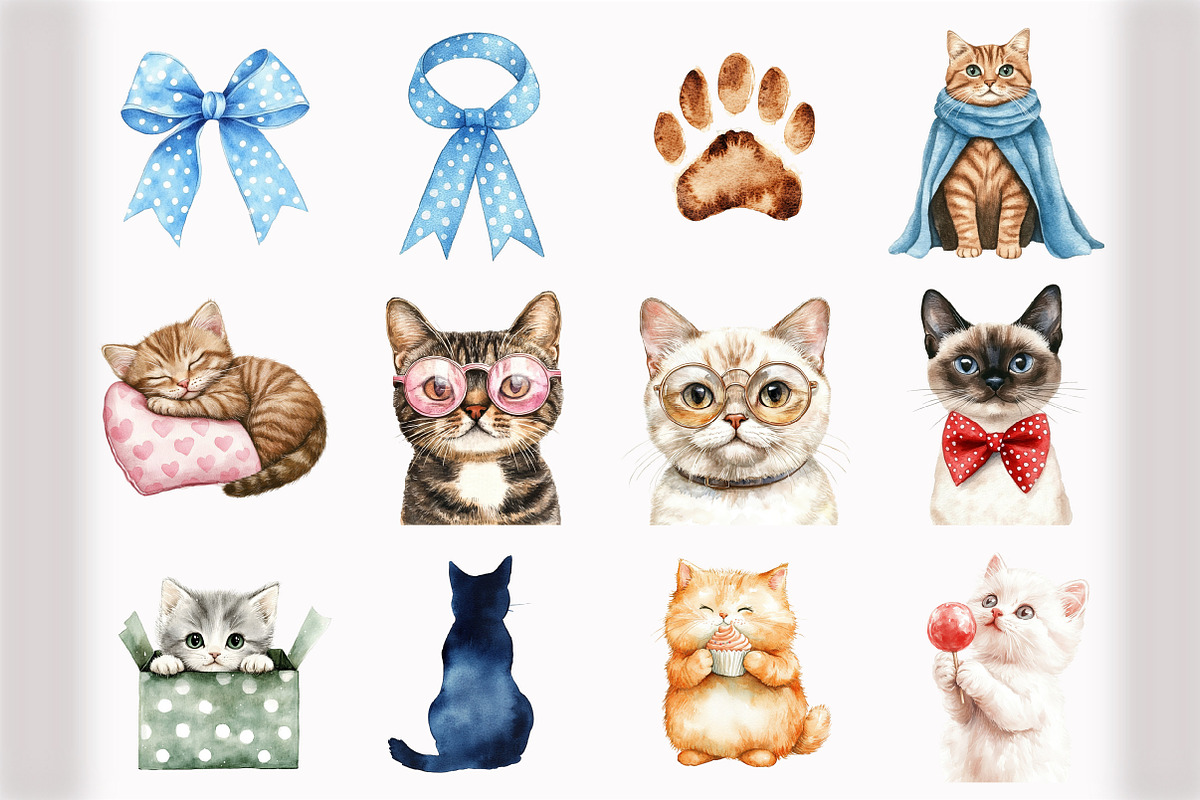Watercolor Cats Birthday Clipart, an Illustration by Design Market (Photo 5 of 5)