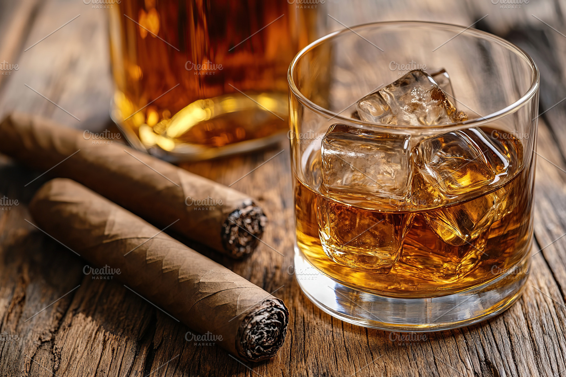 Glass of whiskey with ice cubes and cigar, a Food & Drink Photo by AlyaAnd