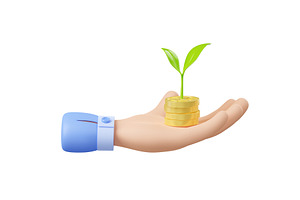 3D Render Hand With Money And Sprout