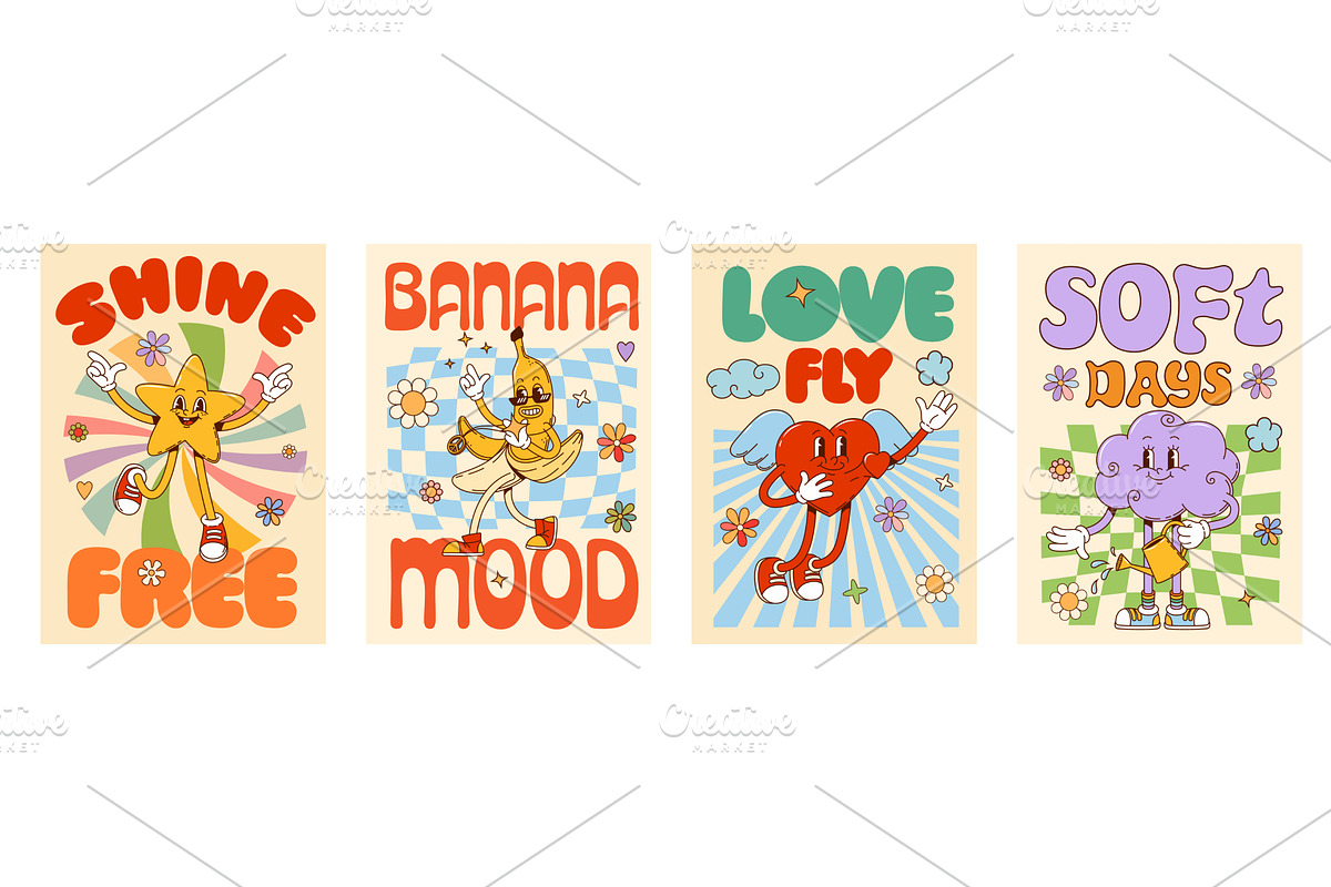 Groovy hippie characters posters, a Food Illustration by Buch&Bee