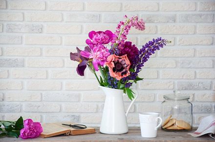 Pink and purple flowers featuring blue, book, and breakfast