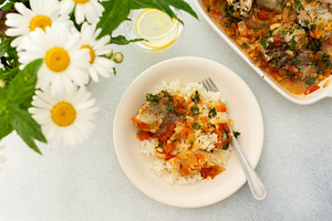 White rice with baked vegetables, a Food & Drink Photo by Pundateam